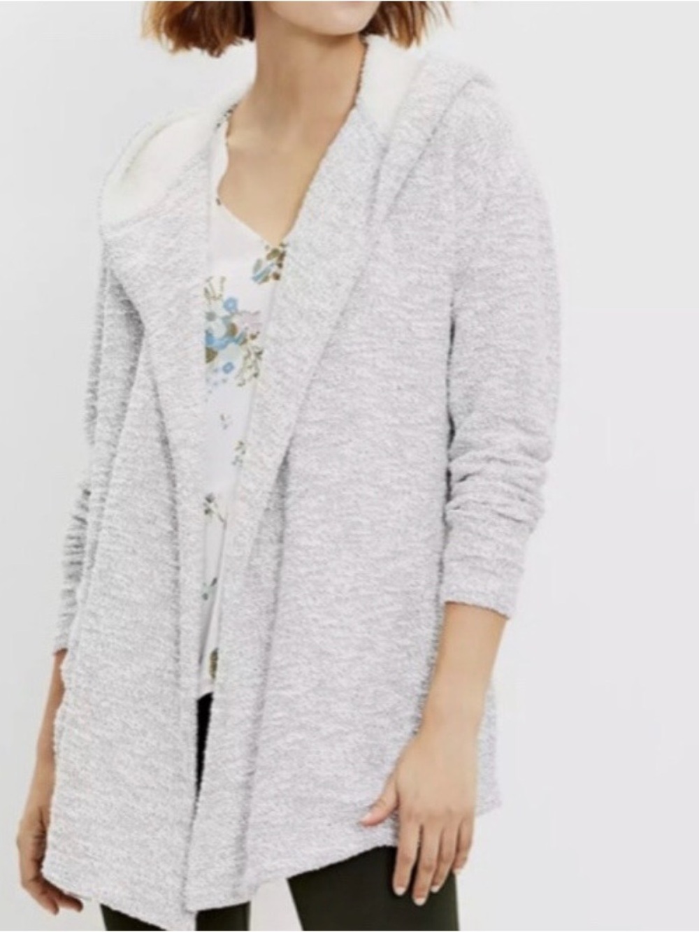 LOFT Light Gray Plush Open-Front Hooded Cardigan